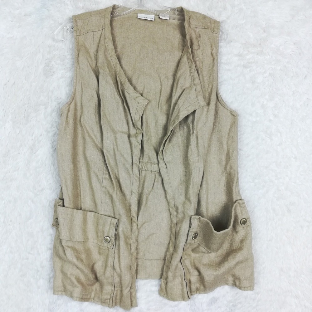 Liz‎ Claiborne Womens Vest Linen Open Front Khaki Neutral Safari Boho Military M